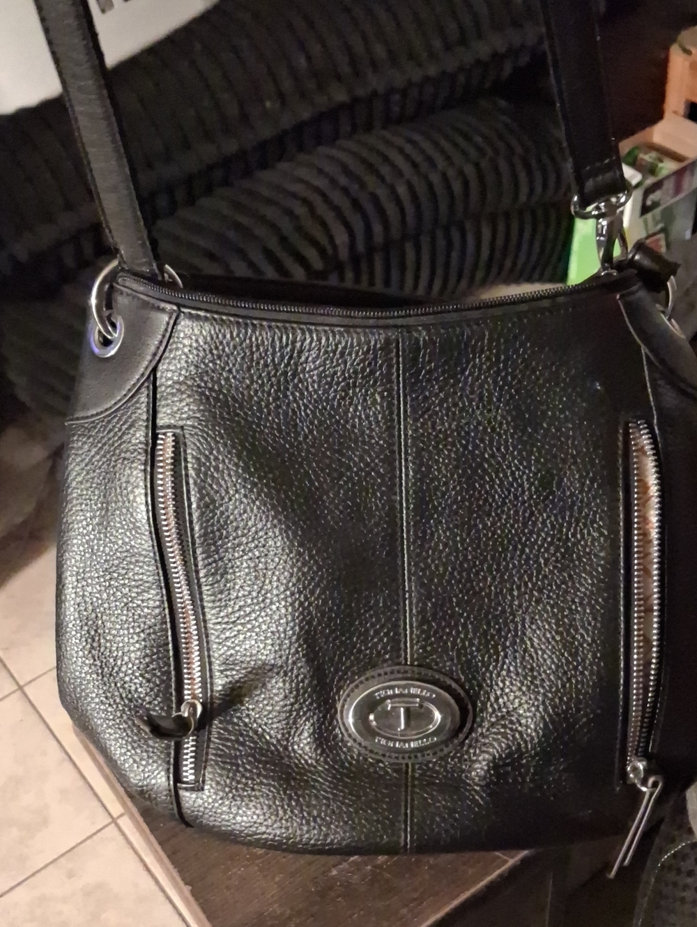 Tignanello Black Pebbled Leather Shoulder Bag with Silver Accents